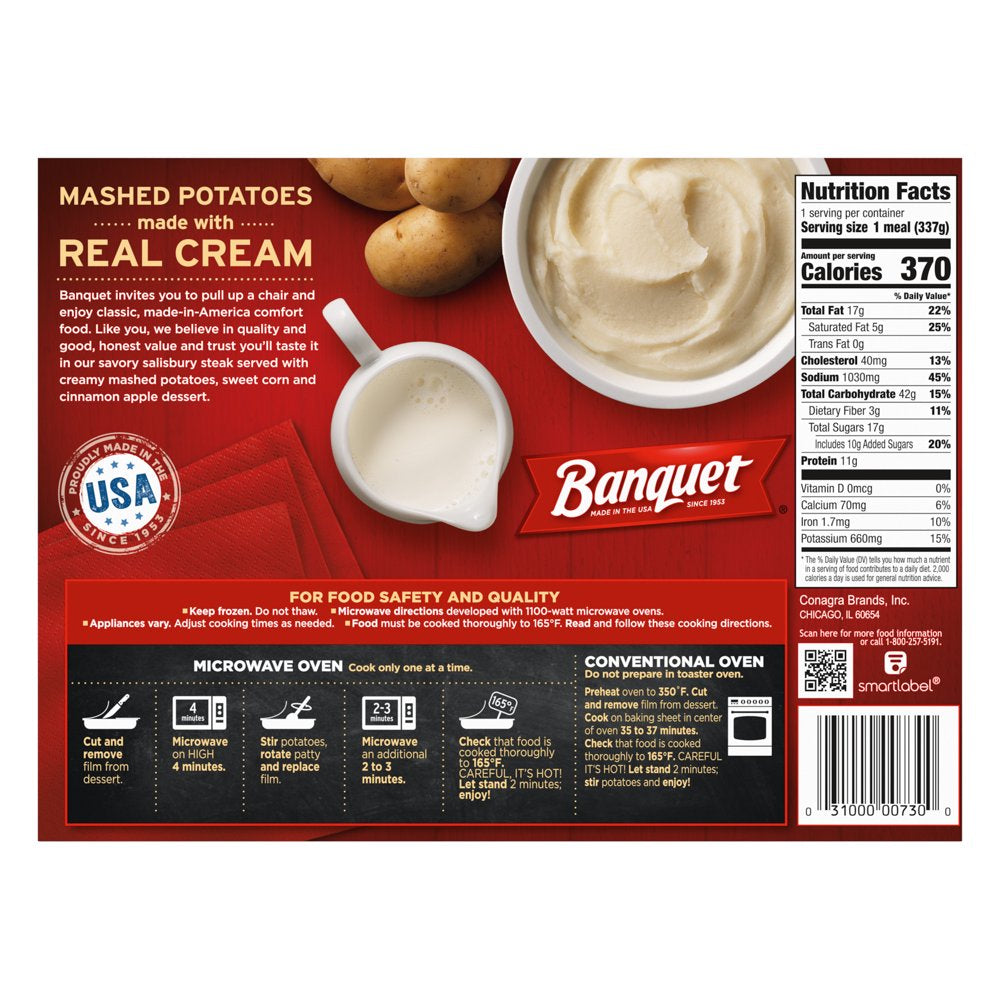 Banquet Salisbury Steak with Creamy Mashed Potatoes and Cinnamon Apple Dessert, Frozen Meal, 11.88 Oz (Frozen)