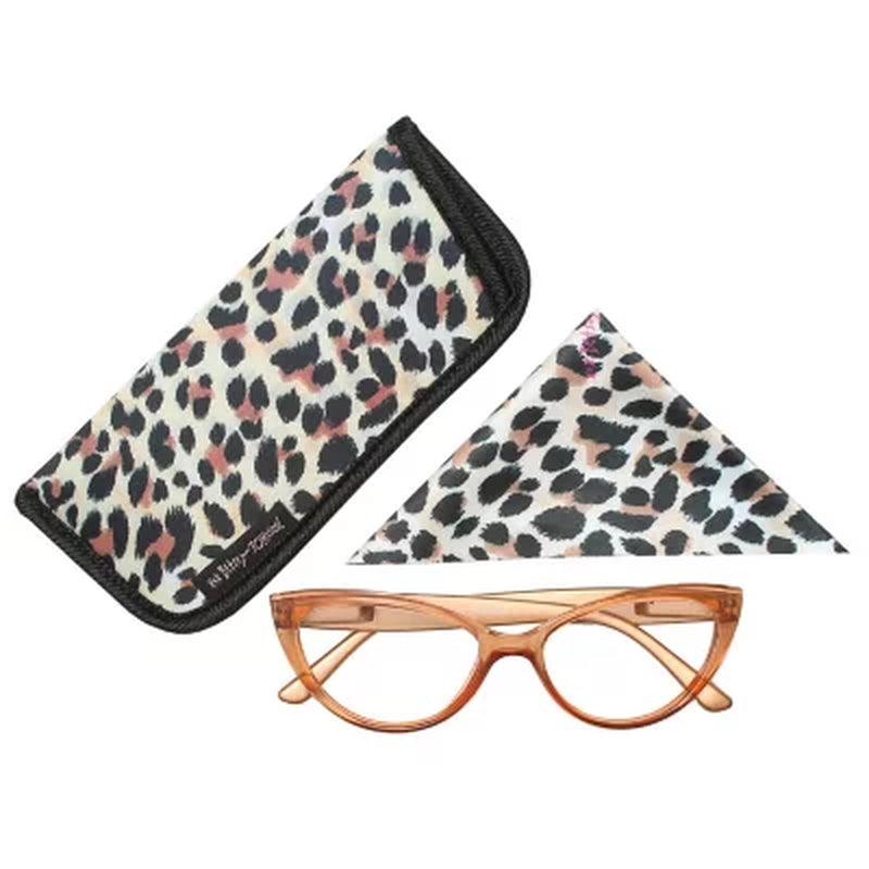 XOX Betsey Johnson Blue Light Blocking Glasses with Cloth and Pouch, Tan