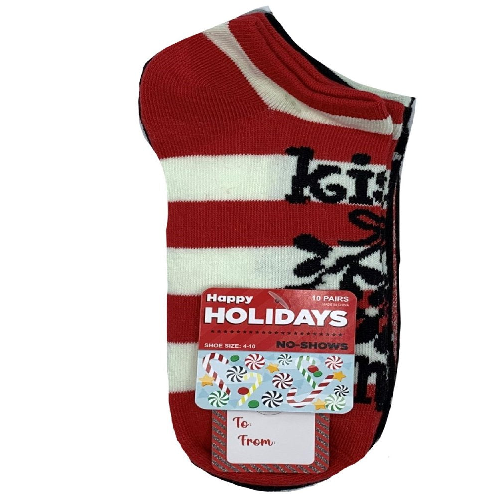 Women'S Holiday No-Show Socks, Holiday Sayings, 10-Pack, Size 4-10