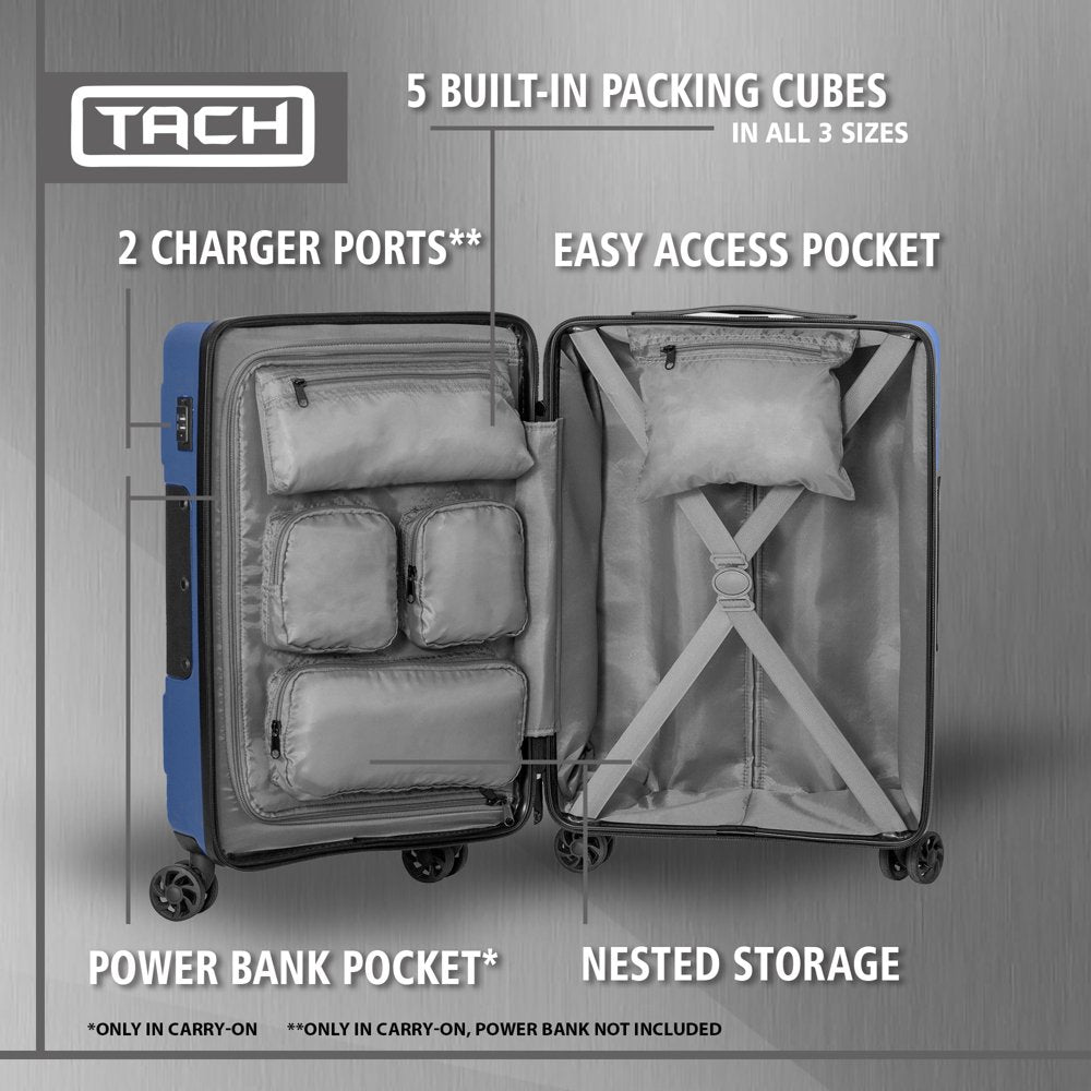 TACH V3 Lightweight 3Pc Hardside Luggage Suitcase Set W/Charge Ports, Blue