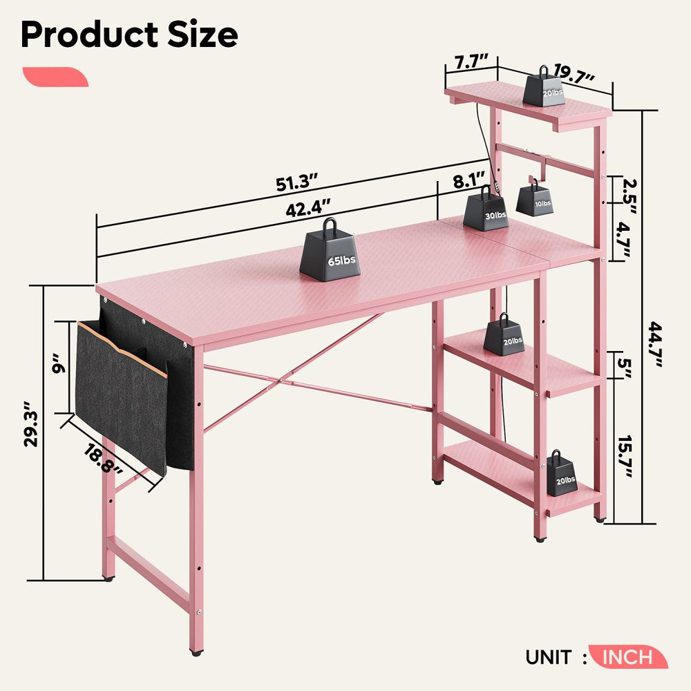 Bestier 52 Inch Gaming Computer Desk with LED Lights & Shelves Pink