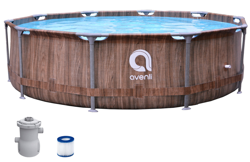 Avenli 10' X 30" Wood Pattern Premium round Fiberglass Frame above Ground Pool with Accessories