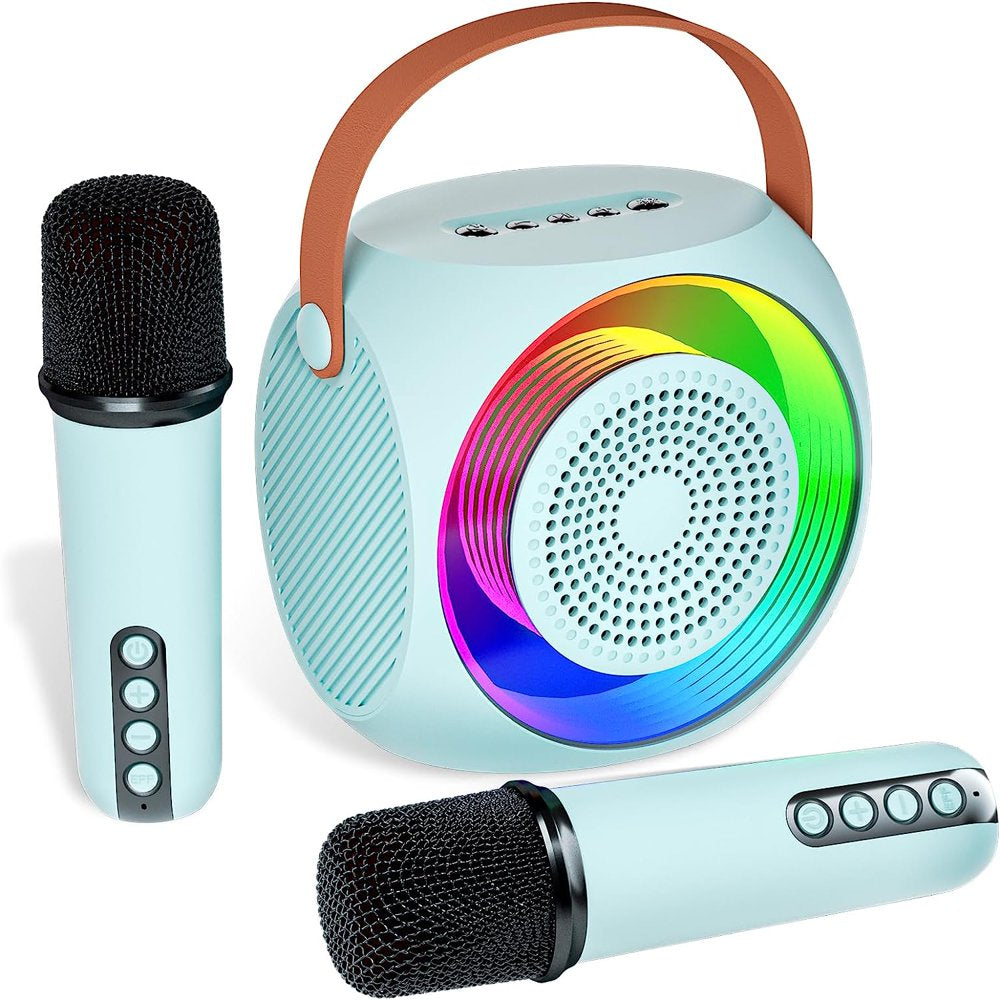 BONAOK Mini Karaoke Machine for Kids, Portable Bluetooth Karaoke Speaker with 2 Wilreless Microphones and Led Lights for Home Party, Birthday Gifts for Boys/Girls(Blue)