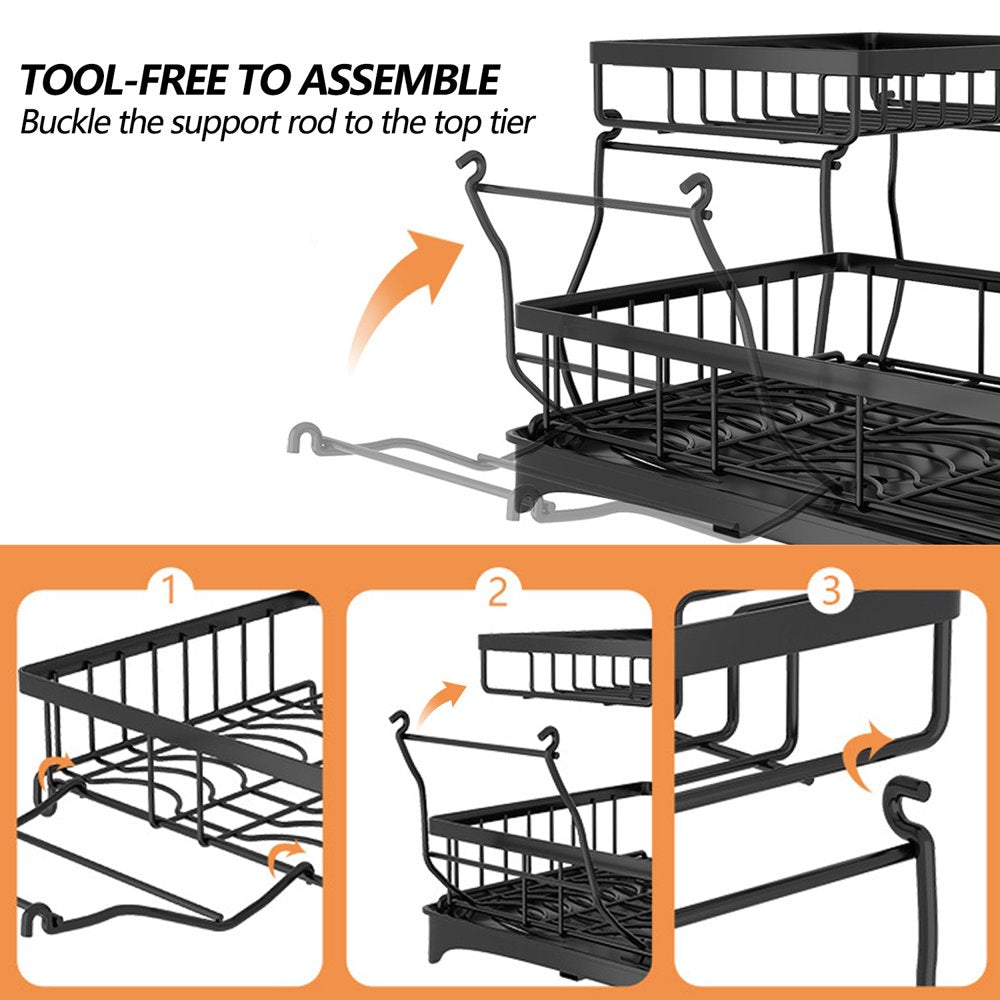 PHANCIR Dish Drying Rack for Kitchen Counter with Drainboard, Detachable Stainless Steel 2 Tier Large Dish Racks Drainer Sink Organizer with Utensils Holder and Cup Holder, Black