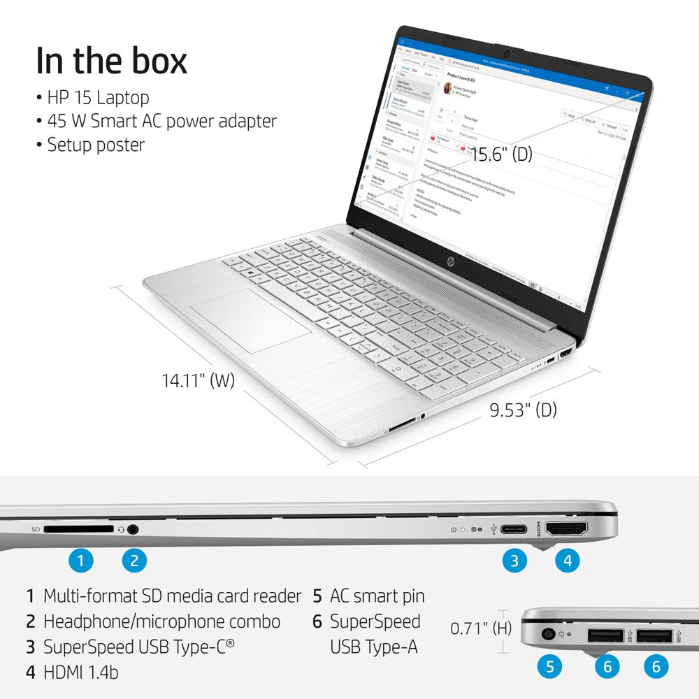 HP 15.6" FHD Laptop, Intel Core I5-1135G7, 8GB RAM, 256GB SSD, Silver, Windows 11 Home, 15-Dy2795Wm