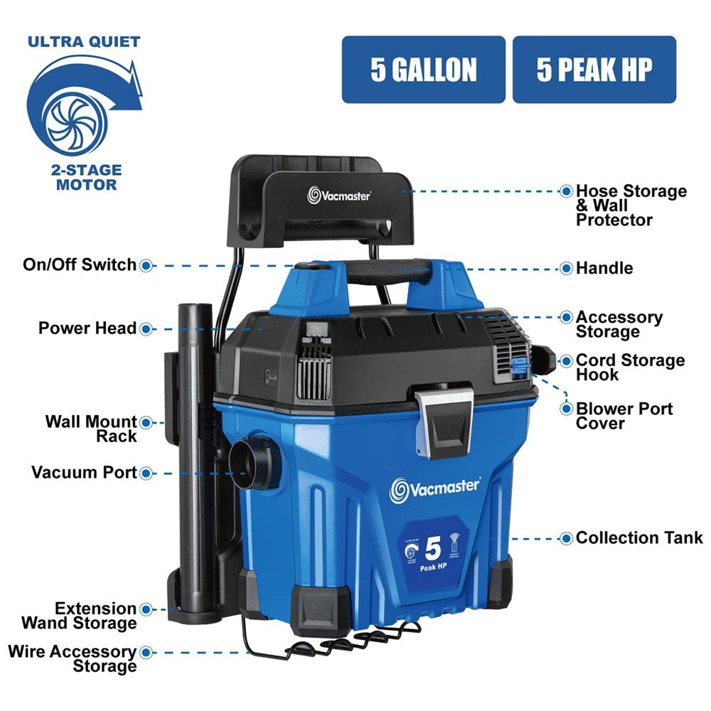 Vacmaster 5 Gallon 5 Peak HP Poly Wall Mount Wet/Dry Vacuum with Remote Control Operation, VWMB508