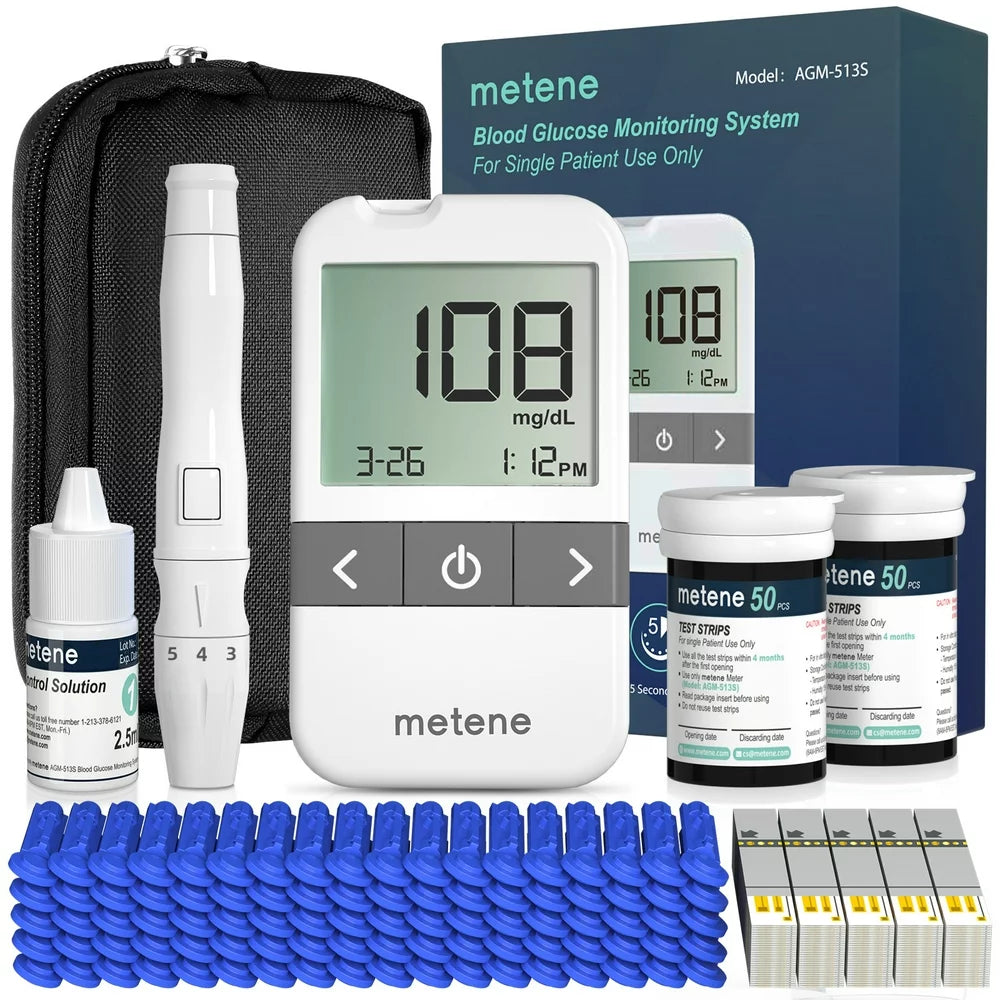 Metene AGM-513S Blood Glucose Monitor Kit, 100 Glucometer Strips, 100 Lancets, 1 Blood Sugar Monitor, 1 Control Solution, Lancing Device and Carrying Bag, No Coding