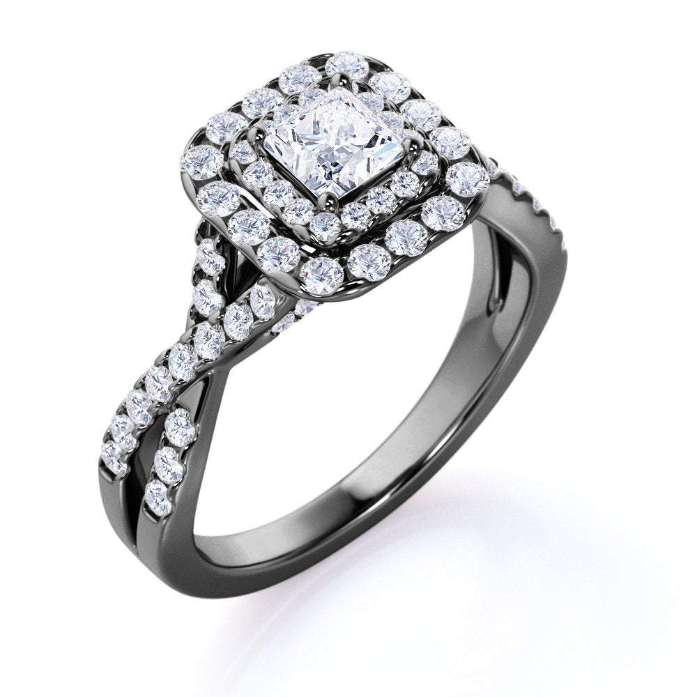 Elegant 1 Carat - Square Cut Diamond - Twisted Band - Pave - Double Halo Gothic Engagement Ring - 10K Black Gold