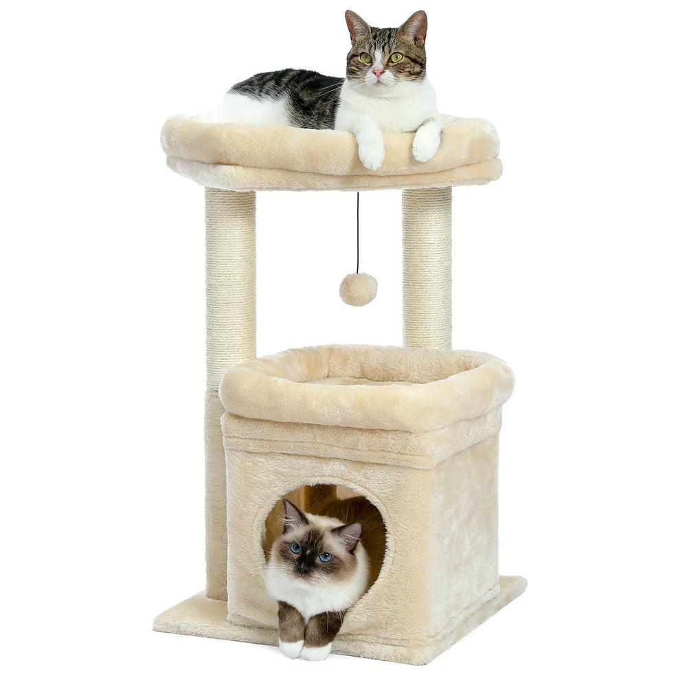 PAWZ Road Cat Tree 27" for Medium Cats Plush Condo and Scratching Posts, Beige