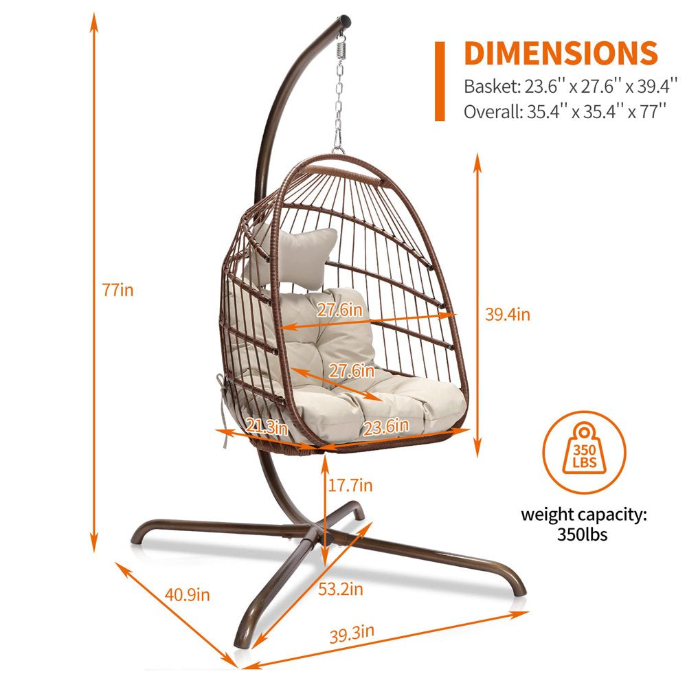 Nicesoul Foldable PE Wicker Brown Hanging Egg Chair with Stand Swing Chair with Cushion and Pillow Capacity 350Lbs