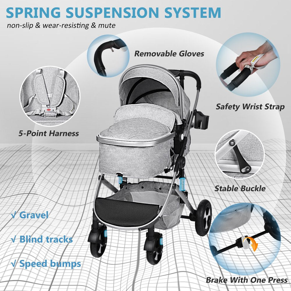 Kinder King 2 in 1 Convertible Baby Stroller, Folding Infant Newborn Reversible Bassinet Pram, Light Grey