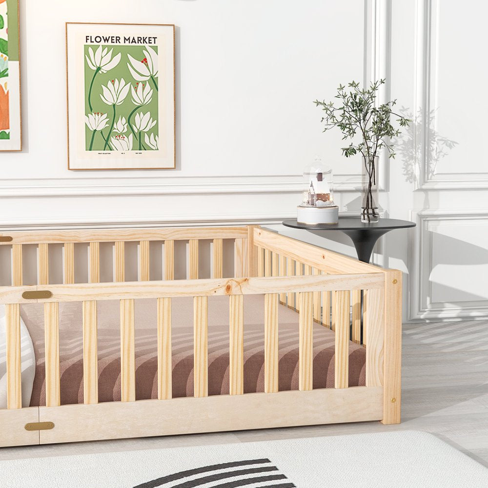 Uhomepro Queen Size Wood Floor Bed Frame with Fence and Door for Kids, Toddlers, Natural