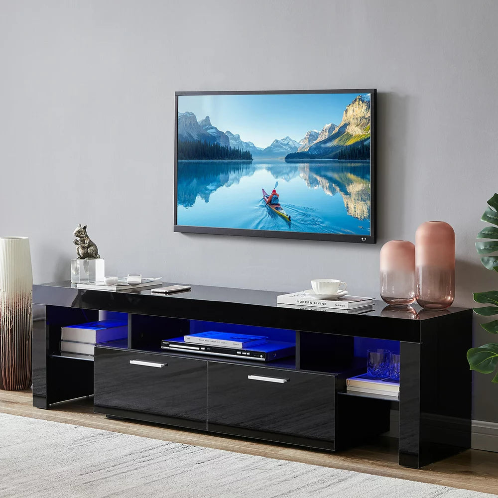 Uhomepro TV Stand for Tvs up to 70", Living Room Entertainment Center with RGB LED Lights and Storage Shelves Furniture, Black High Gloss TV Cabinet Console Table