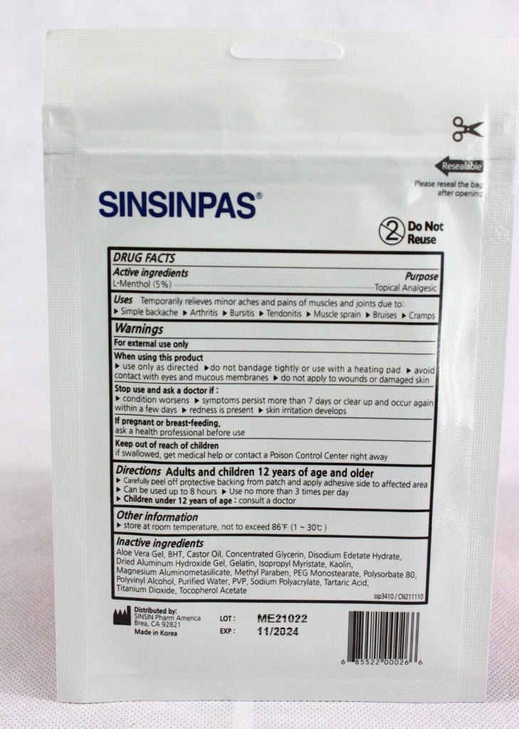 Lot of 10 SINSINPAS Pain Relieving Cold Patch Total 20 Patches Free Shipping