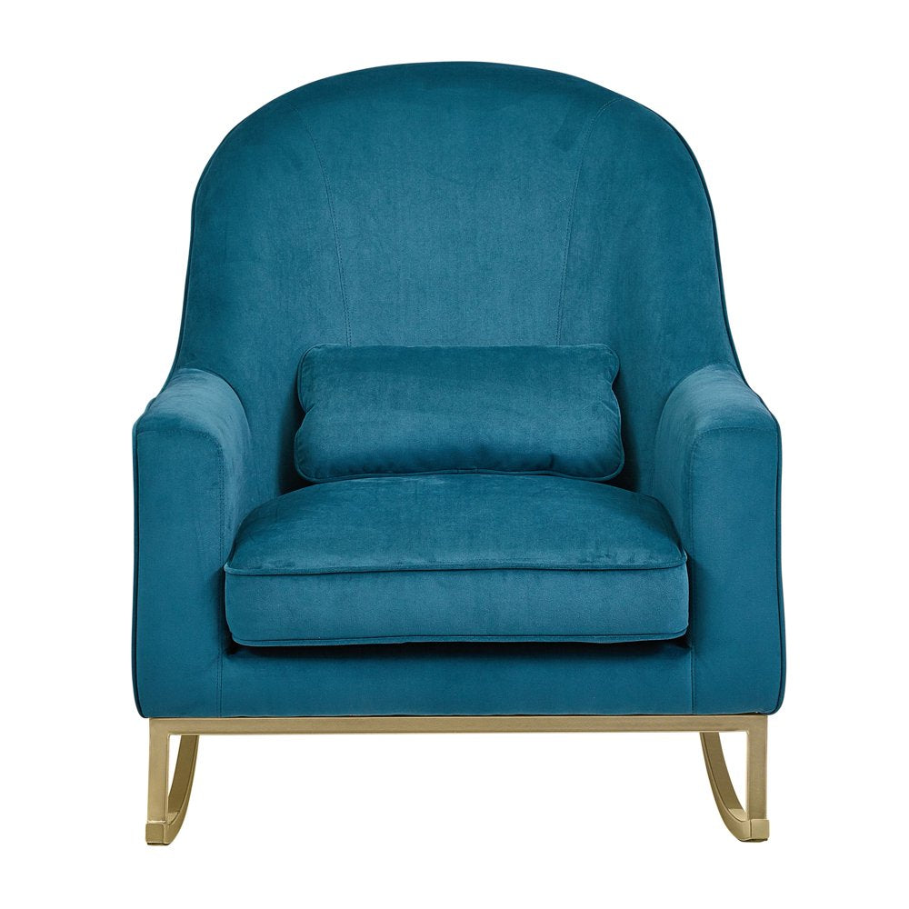 Modrn Glam Velvet Rocking Chair with Lumbar Pillow, Teal/Satin Brass