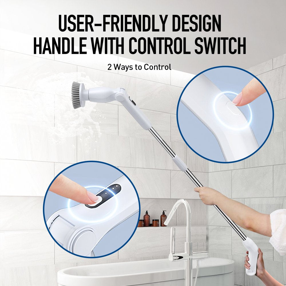 HITTI Electric Spin Scrubber, Cordless Cleaning Brush with Adjustable Extension Arm 8 Replaceable Cleaning Heads, Power Shower Scrubber for Bathroom, Tub, Tile, Floor（White）