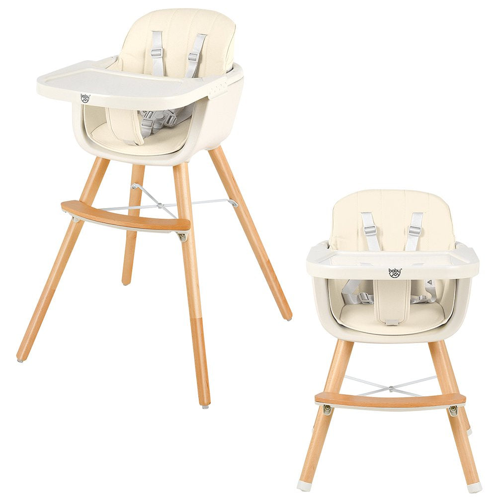 Babyjoy 3 in 1 Convertible Wooden High Chair Baby Toddler Highchair W/ Cushion Beige