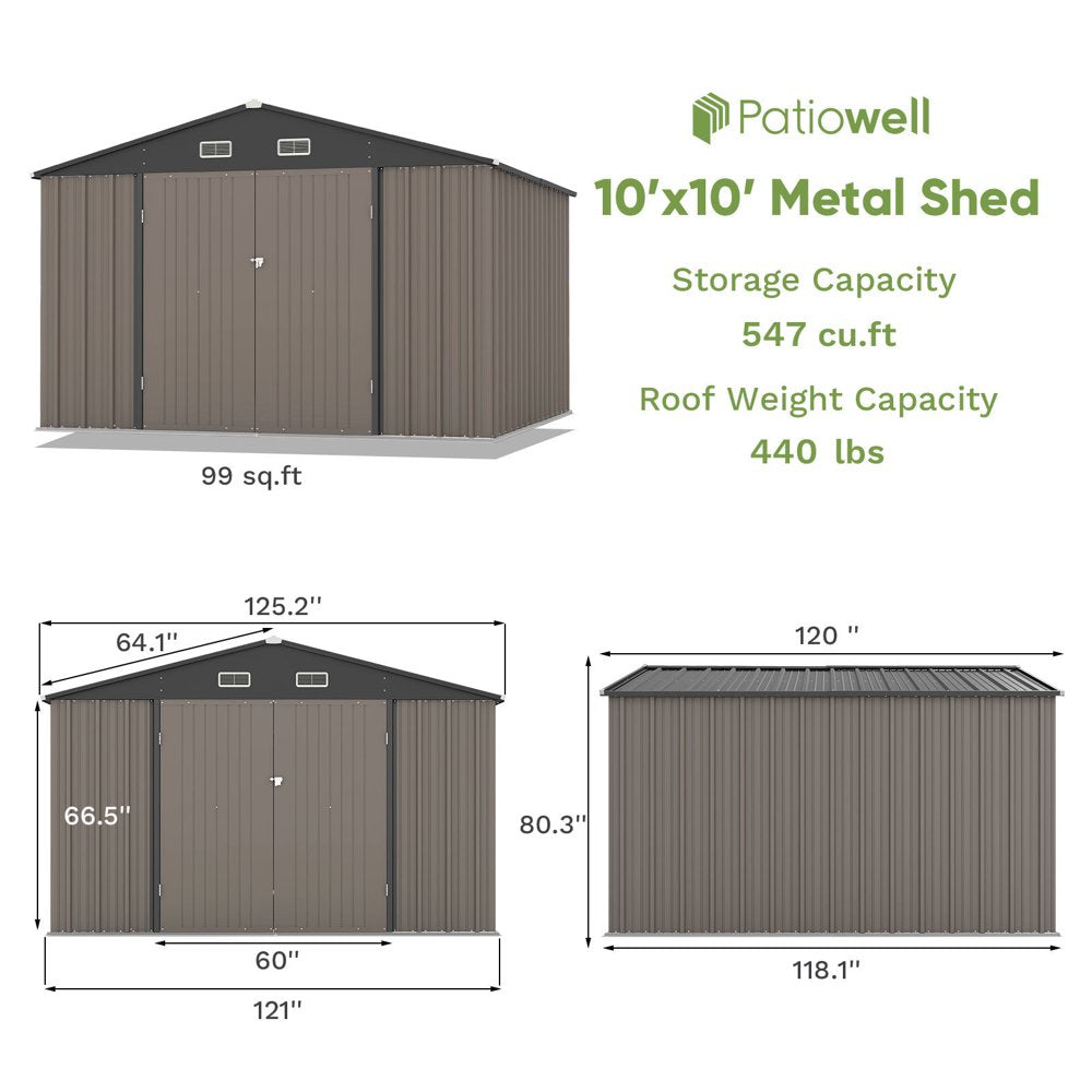 Patiowell Size Upgrade 10 X 10 Ft Outdoor Storage Metal Shed with Sloping Roof and Double Lockable Door, Brown