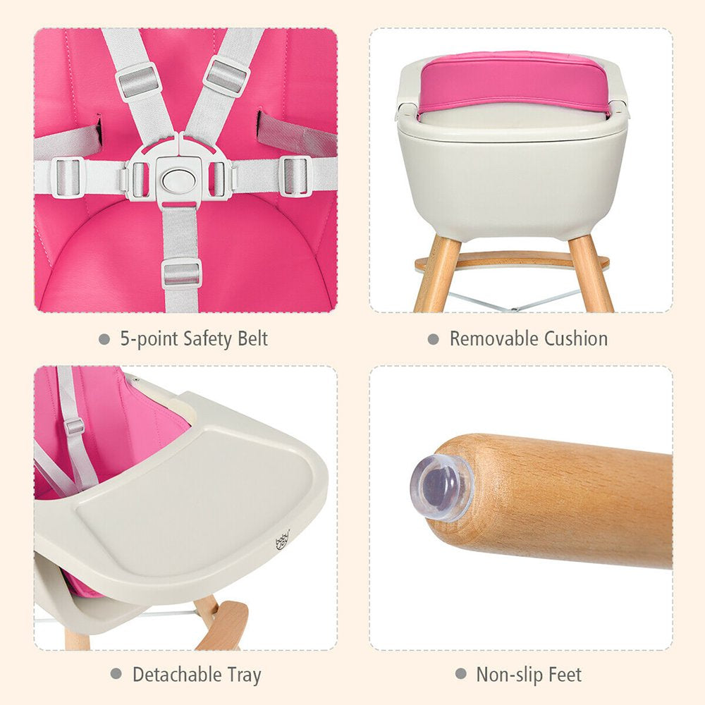 Babyjoy 3 in 1 Convertible Wooden High Chair Baby Toddler Highchair with Cushion Pink