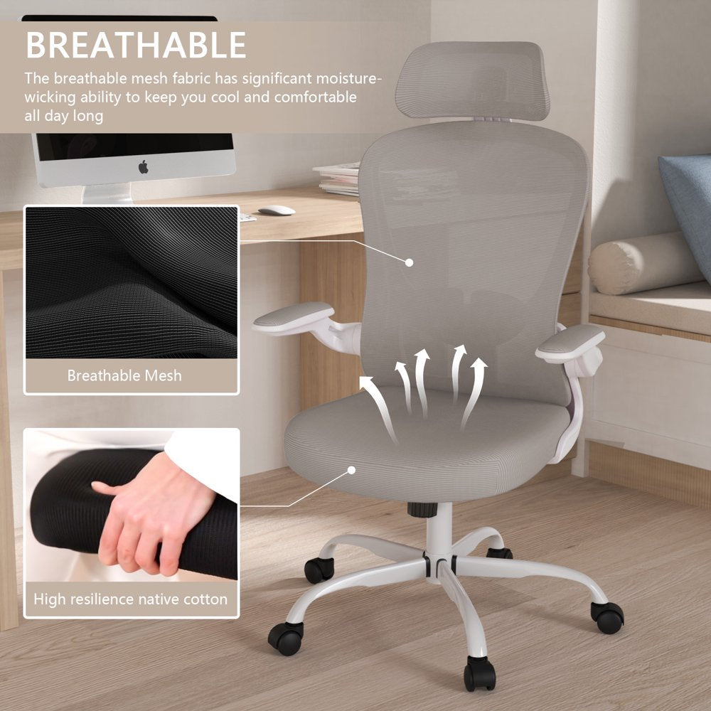 Lioncin Office Chair, High Back Ergonomic Desk Chair, Breathable Mesh Desk Chair with Adjustable Lumbar Support and Headrest, Swivel Task Chair with Flip-Up Armrests,Light Gray