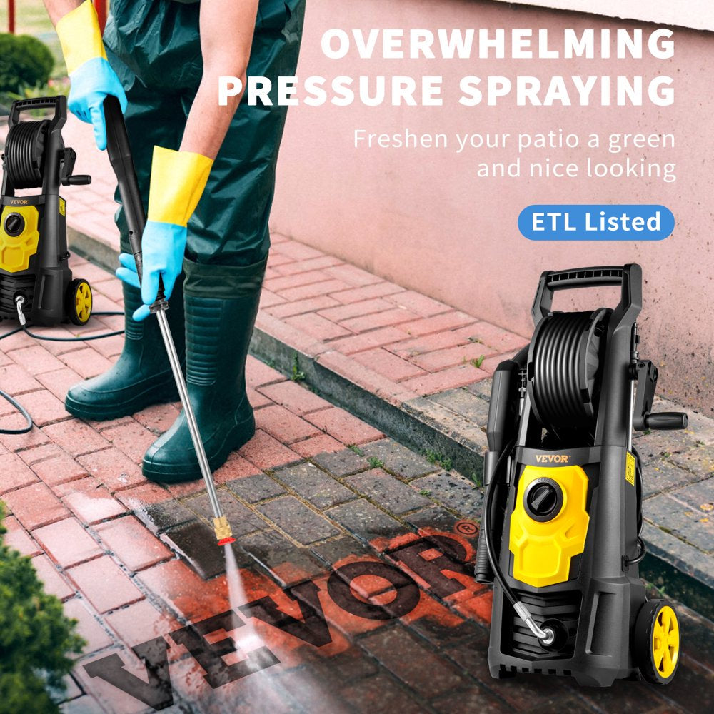 VEVOR Electric Pressure Washer, 2000 PSI, Max. 1.76 GPM Power Washer W/ 30 Ft Hose & Reel, 5 Quick Connect Nozzles, Foam Cannon, Portable to Clean Patios, Cars, Fences, Driveways, ETL Listed