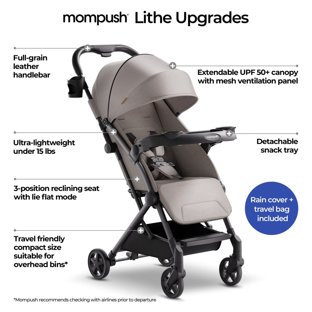 Mompush Lithe V2 Lightweight Stroller with Snack Tray, Newborn Nest Mode, Khaki, 17.3LB, Unisex