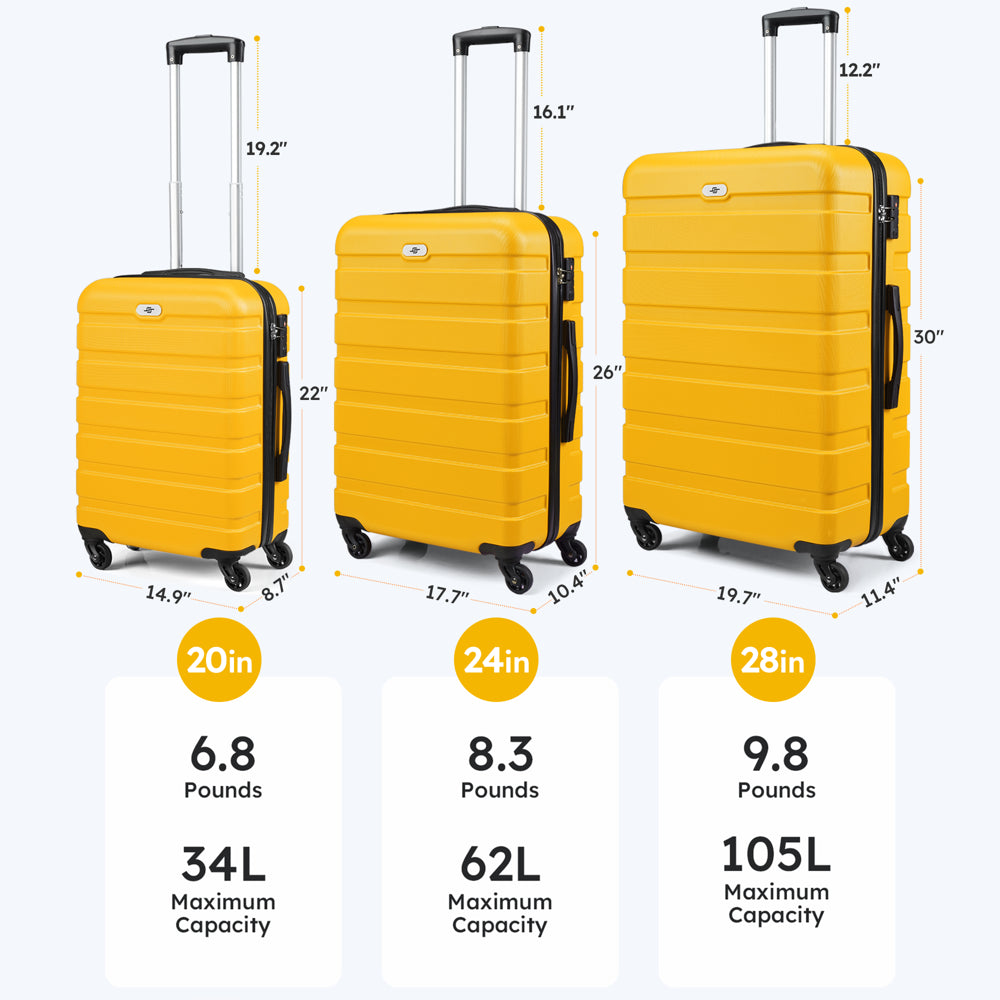 3 Piece Luggage Sets Hard Shell Suitcase Set with Spinner Wheels for Travel Trips Business 20" 24" 28", Yellow