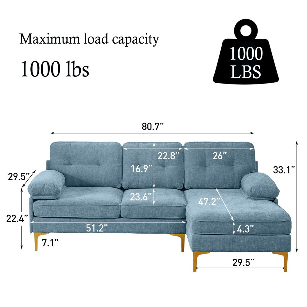 INGALIK Convertible Sectional Sofa Couch, Convertible L Shaped Couch with Reversible Chaise, Sectional Couch for Small Space Apartment, 3 Seater, Light Blue