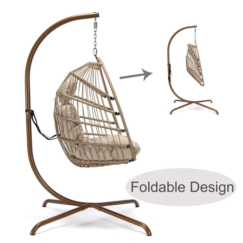 Nicesoul Foldable Wicker Hanging Egg Chair with Stand and Cover, Beige 350 Lbs Maximum Weight