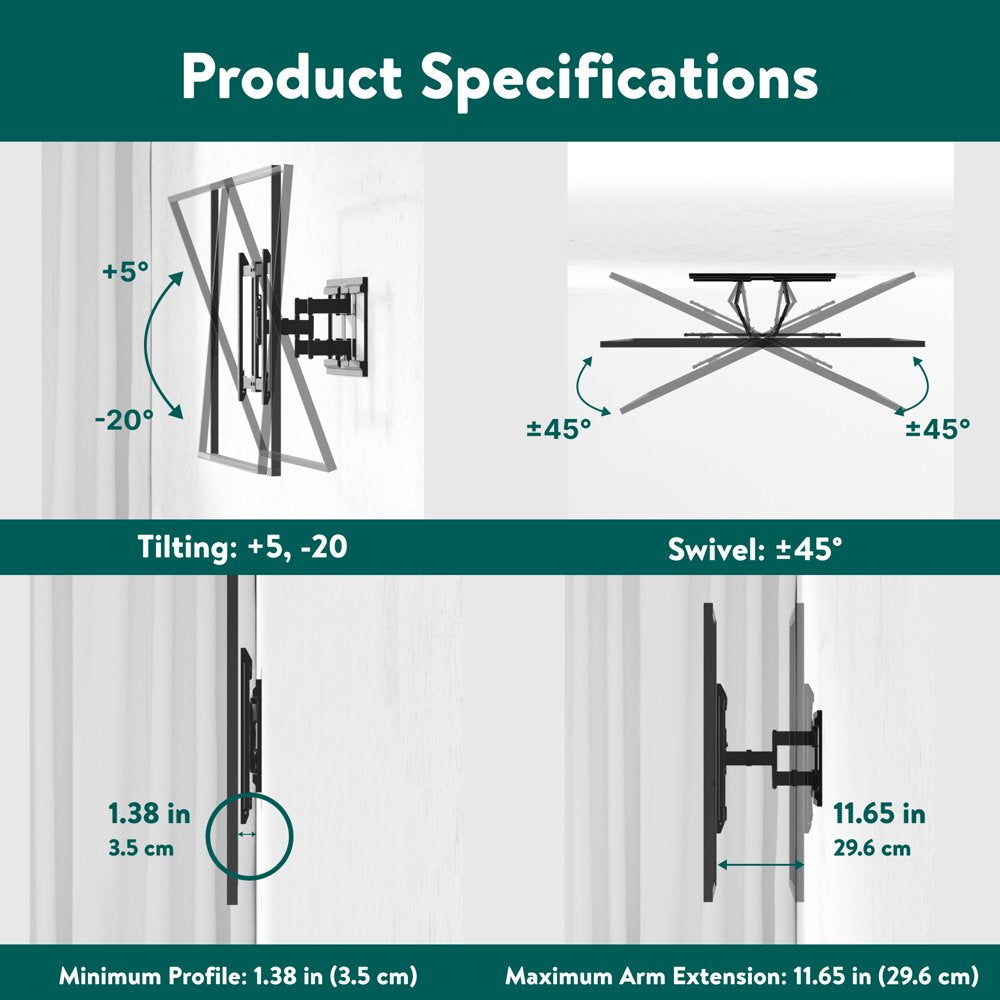 Onn. Ultra-Slim Full Motion TV Wall Mount for 50" to 86" Tvs, up to 20° Tilting