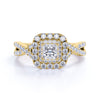 Elegant 1 Carat - Square Cut Diamond - Twisted Band - Pave - Double Halo Engagement Ring - 10K Yellow Gold