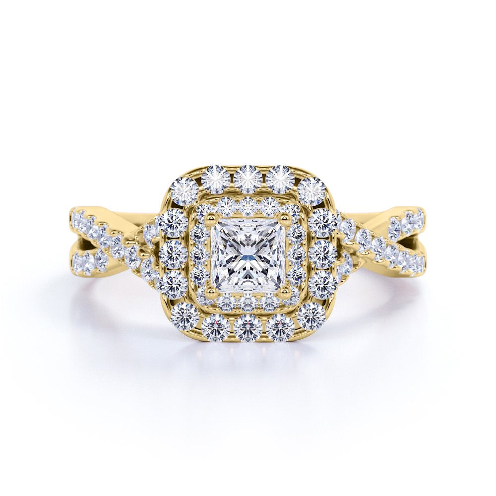 Elegant 1 Carat - Square Cut Diamond - Twisted Band - Pave - Double Halo Engagement Ring - 10K Yellow Gold