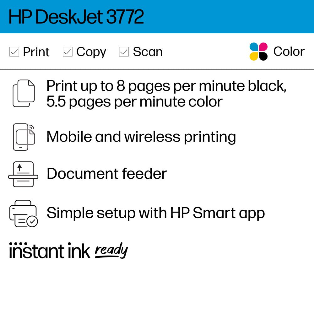 HP Deskjet 3772 All-In-One Wireless Color Inkjet Printer, 6 Months FREE Ink with HP Instant Ink