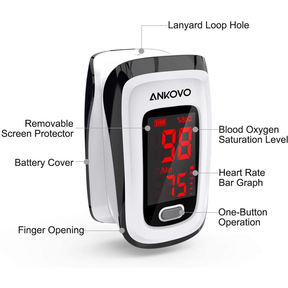 ANKOVO Fingertip Pulse Oximeter with Batteries&Lanyard, Bar Graphs, Heart Rate Monitor（Ship in Random Colors）