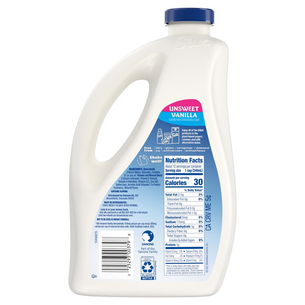 Silk Dairy Free, Gluten Free, Unsweet Vanilla Almond Milk, 96 Fl Oz Bottle