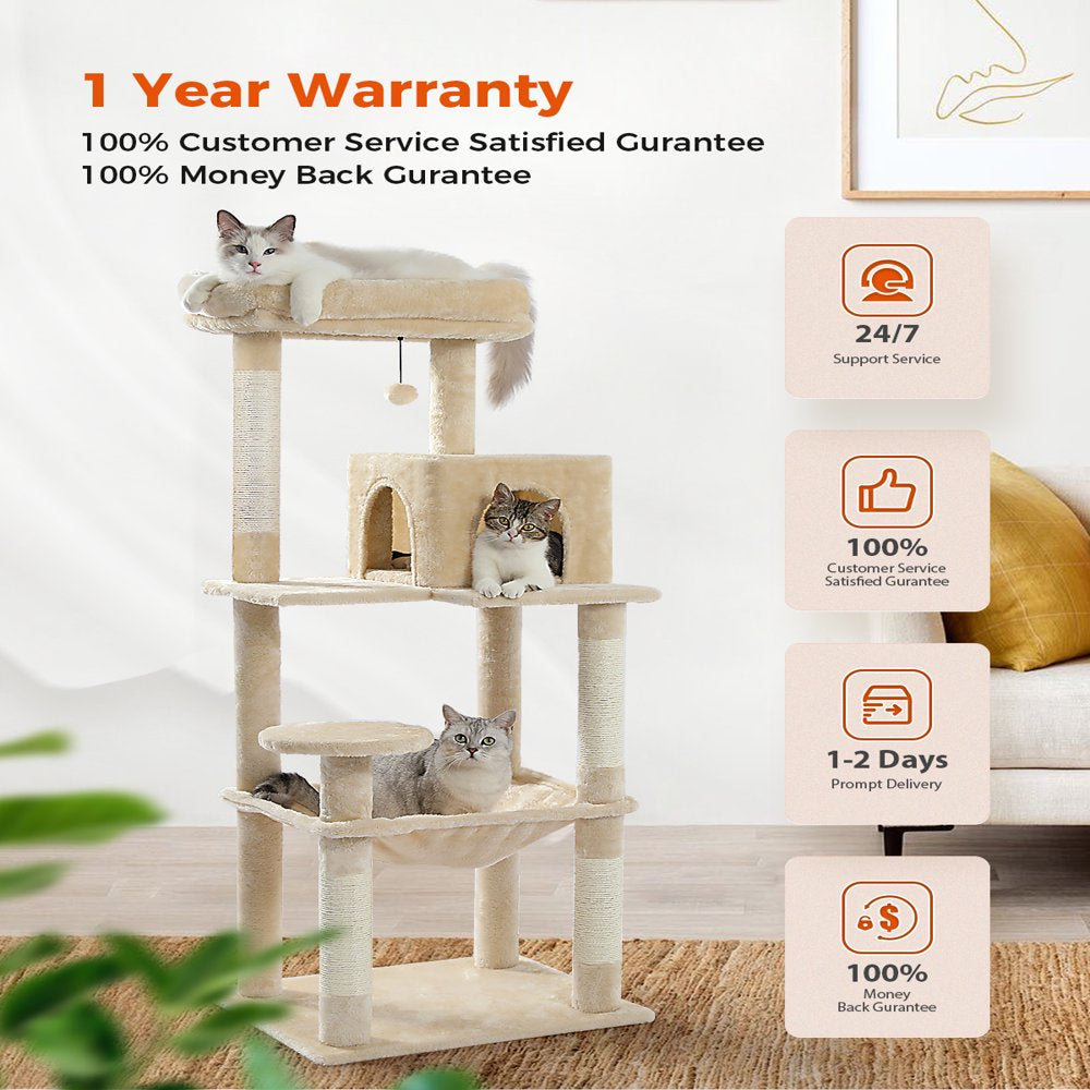 Pawz Road Cat Tree for Large Cats 56" Tall Cat Tower Condo with Perch Hammock for Indoor Cats,Beige