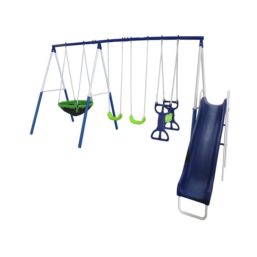 XDP Recreation All Star Playground Metal Swing Set with Superdisc Swing, Space Rider, Swings, Slide