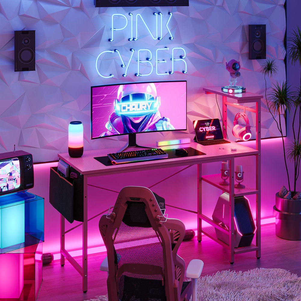 Bestier 52 Inch Gaming Computer Desk with LED Lights & Shelves Pink