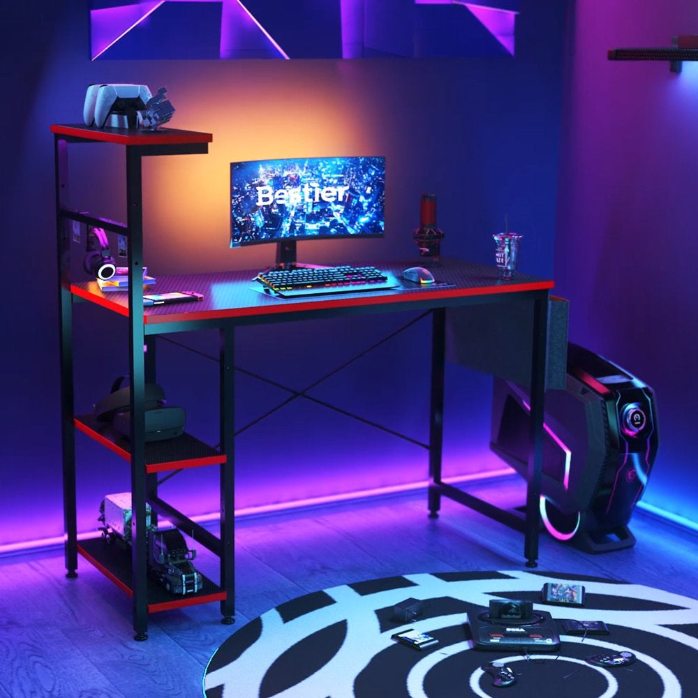 Bestier Reversible 44 Inch Computer Desk with LED Lights Gaming Desk , 4 Tier Shelves Carbon Fiber