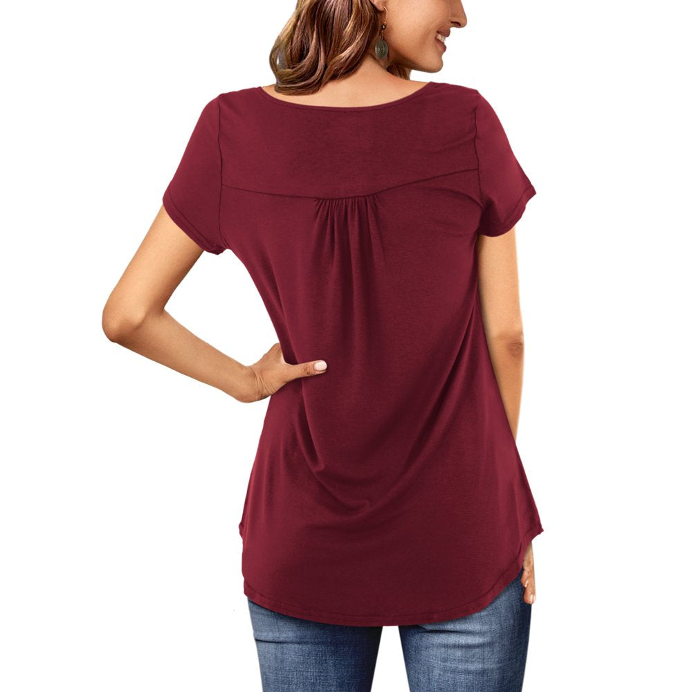 Amoretu Womens Tunic Tops Short Sleeve Henley T Shirts Solid Blouses (Burgundy, M)