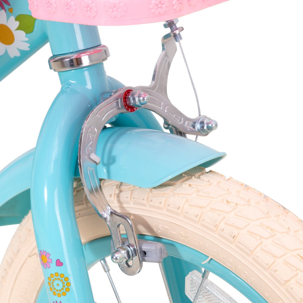 JOYSTAR Little Daisy 16 Inch Kids Bike for 4 5 6 7 Years Girls with Handbrake 16" Children Princess Bicycle with Training Wheels Basket Streamer Toddler Cycle Bikes Blue