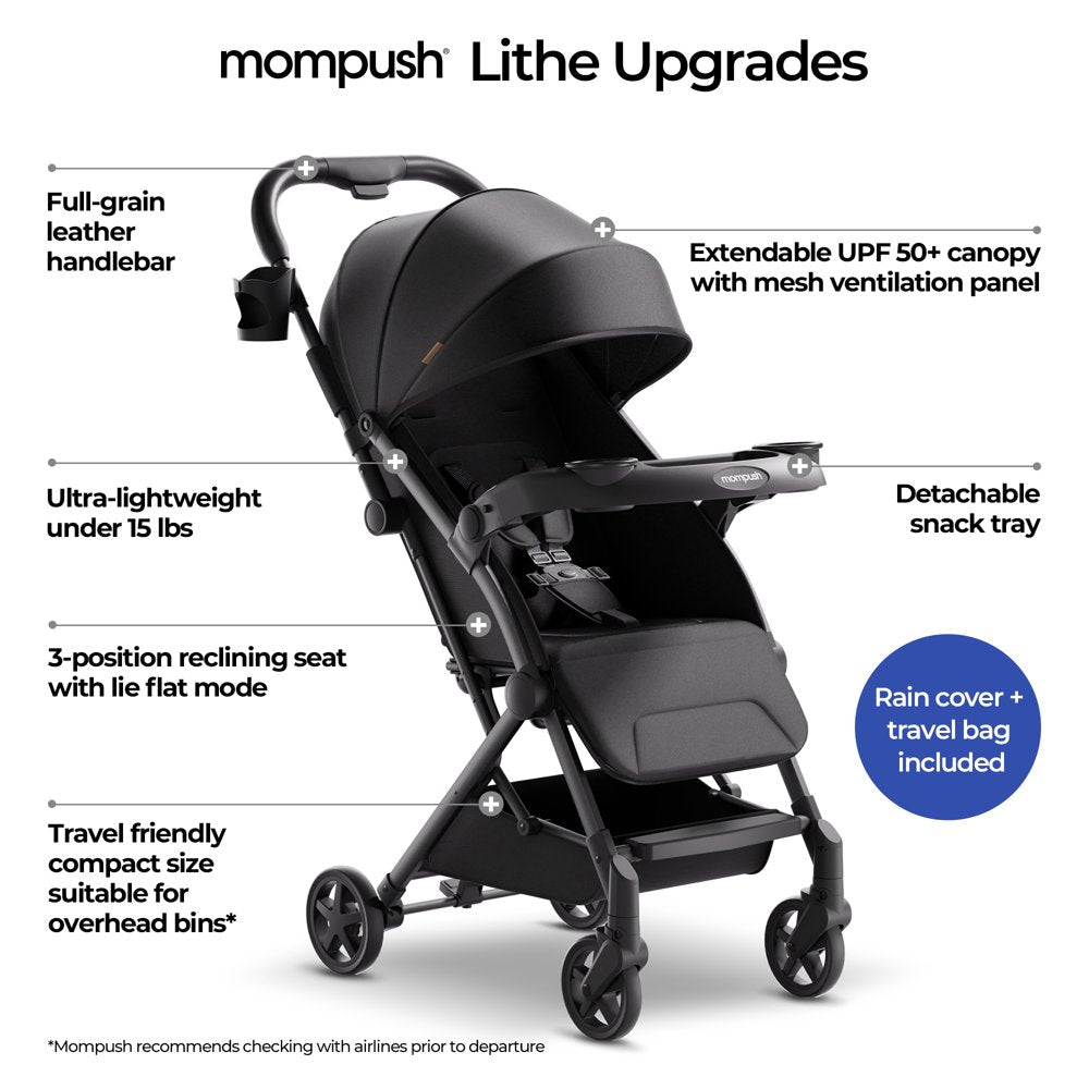 Mompush Lithe V2 Lightweight Stroller with Snack Tray, Newborn Nest Mode, Black, 17.3LB, Unisex