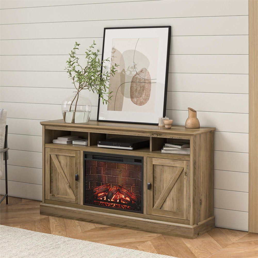 Ameriwood Home Ashton Lane Electric Fireplace TV Stand for Tvs up to 65", Rustic Oak