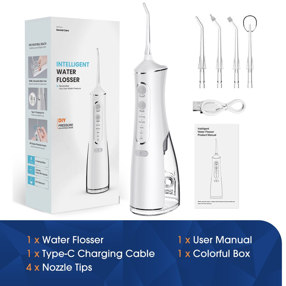 Ifanze Cordless Water Flosser, Rechargeable Oral Irrigator with 4 Cleaning Modes & 4 Nozzles, Portable Dental Oral Flosser for Travel Home Office, White