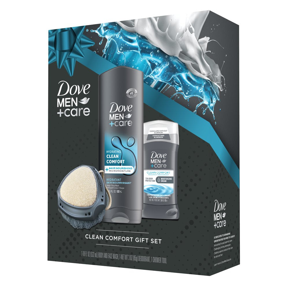 Dove Men+Care Clean Comfort Gift Set for Men, Fresh Face and Body Wash, Deodorant Stick & Shower Tool, 3 Count