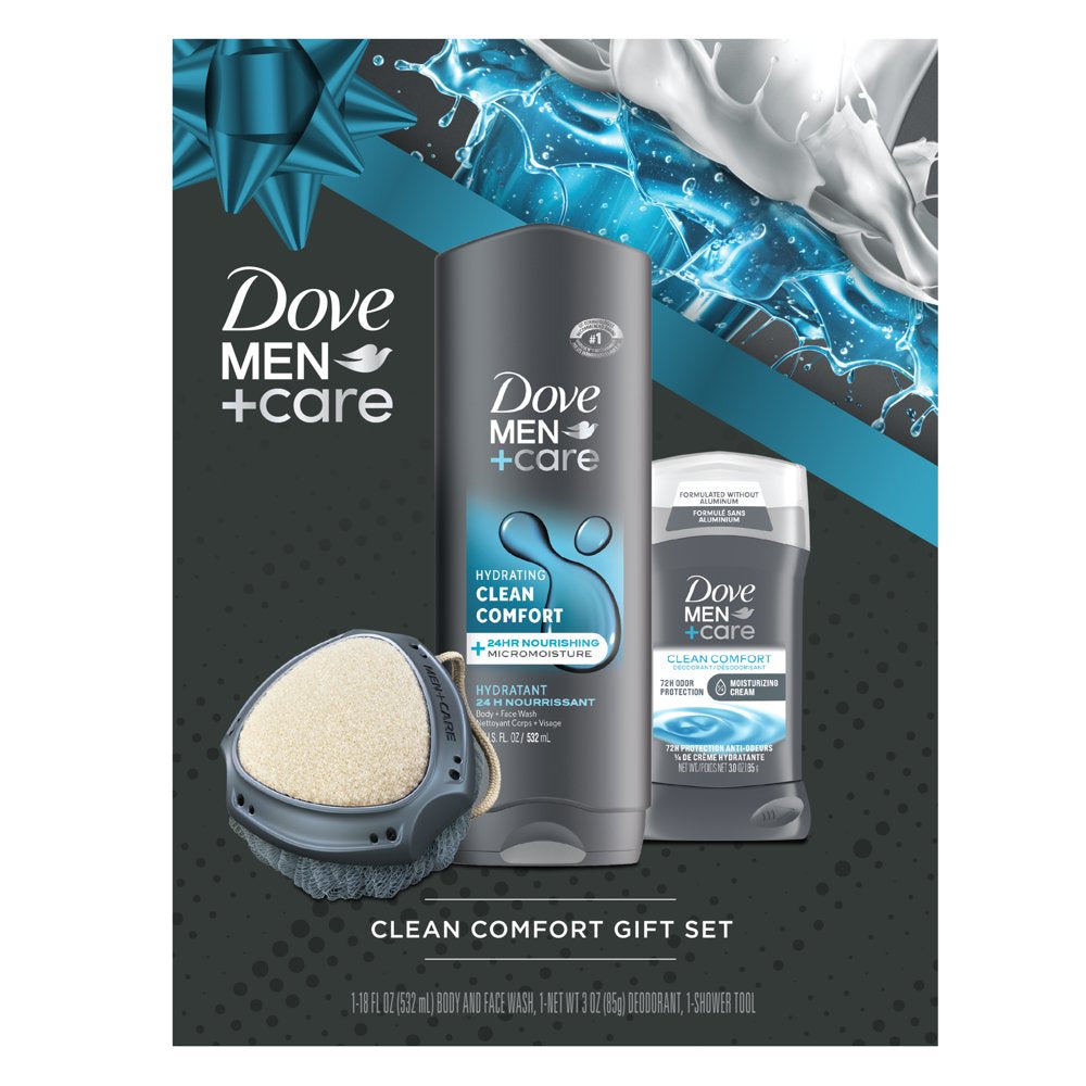 Dove Men+Care Clean Comfort Gift Set for Men, Fresh Face and Body Wash, Deodorant Stick & Shower Tool, 3 Count