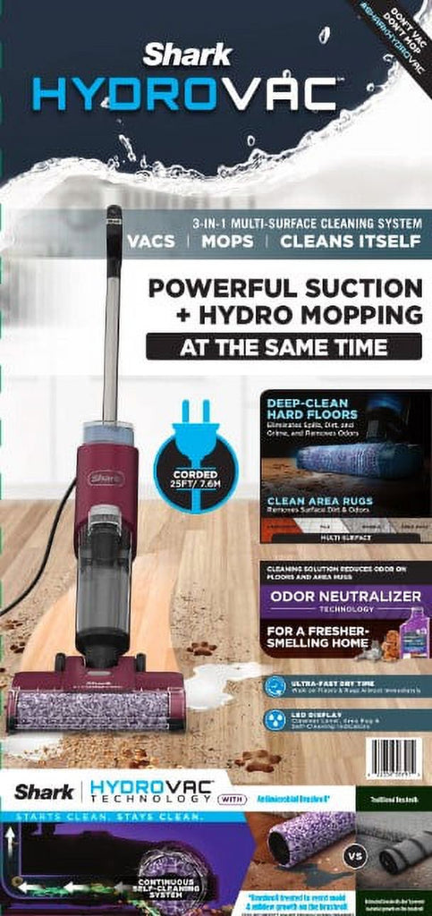 Shark Hydrovac 3In1 Vacuum, Mop & Self-Cleaning Corded System, with Antimicrobial Brushroll* & Multi-Surface Cleaning Solution, Perfect for Hardwood, Tile, Marble, Laminate & Area Rugs, WD100