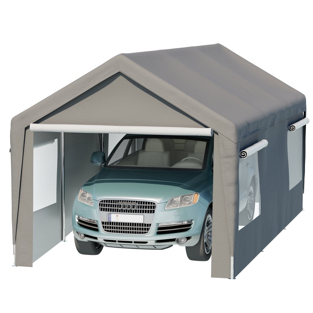 LZBEITEM 10 X 20 Ft. Heavy Duty Steel Outdoor Carport Storage Boat Shed Canopy Garage Car Shelter Portable Party Tent Adjustable Height with Window Sidewalls and Doors, Gray