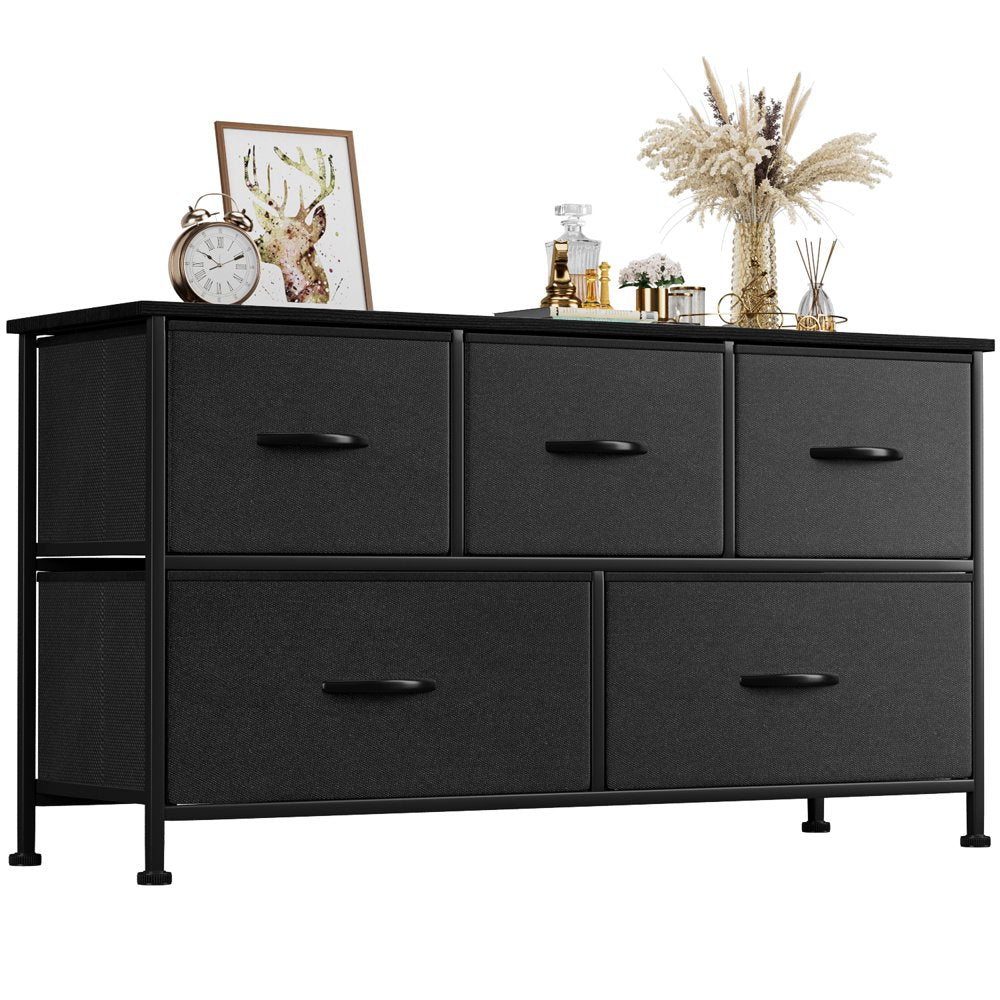 Homall 5 Drawer Fabric Dresser Wide Chest of Drawers Nightstand with Wood Top Rustic Storage Tower Storage Dresser Closet for Living Room, Bedroom, Hallway, Nursery,Black