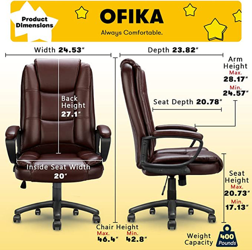 Vitesse Home Office Chair, Big and Tall Chair 8 Hours Heavy Duty Design, Ergonomic High Back Cushion Lumbar Back Support, Computer Desk Chair, , Adjustable Executive Leather Chair with Arms (Brown)